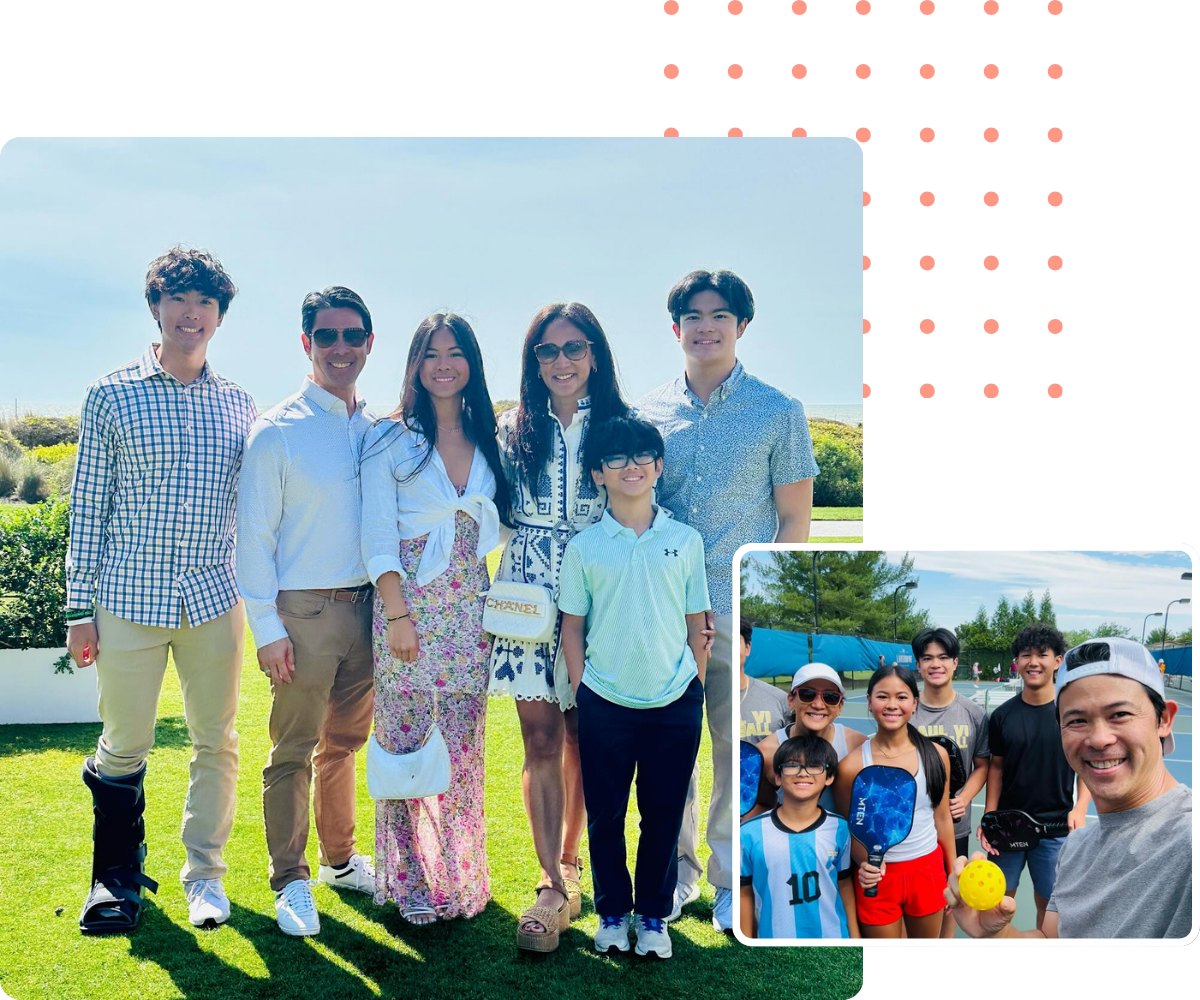 Half Nester family posing together outdoors; inset photo of the family at a celebration.